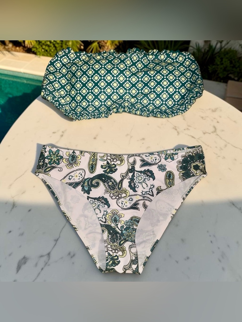 Two-Piece Bandeau Bikini Set in Teal and Light Light Blue Paisley NWOT